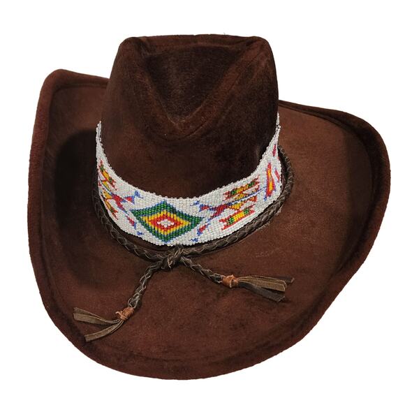 Vintage 80s Cowboy Brown Velour Cowboy Hat Native American Beaded Hatband USA - Picture 2 of 7